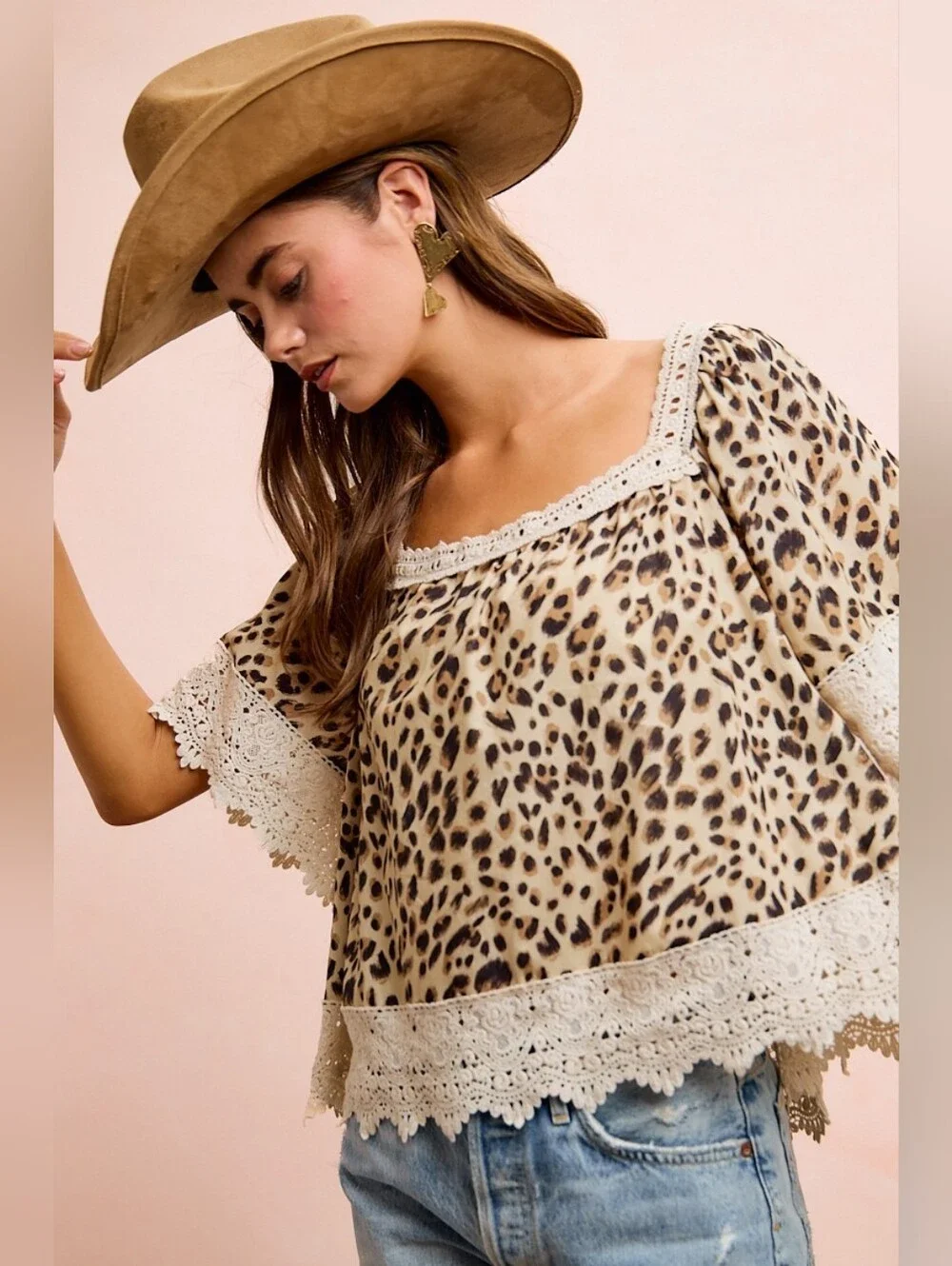 BiBi Leopard Lace Mix And Match Square Neckline Top- 100% Cotton- Fast Shipping! - Picture 3 of 10